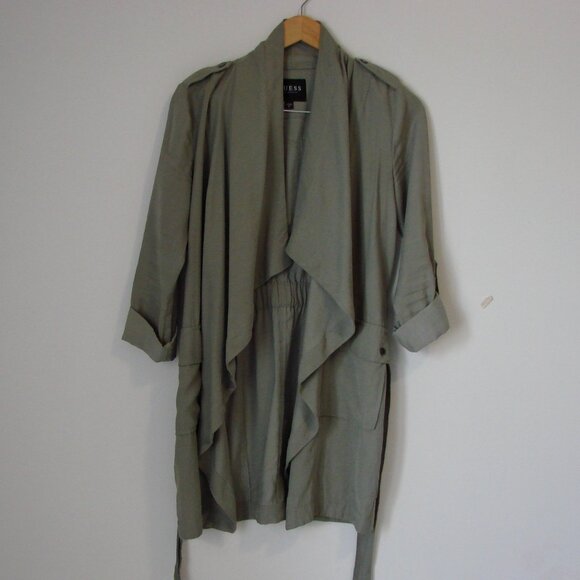 Duster Trench Coat Utility Olive Green Waterfall Front Flowy Size XS Small - Picture 4 of 16